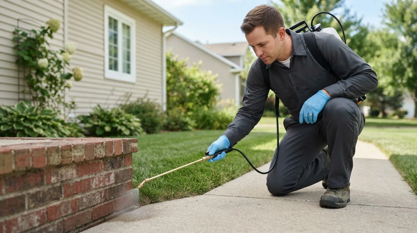 Pest control technician treating a home near Sasser, GA